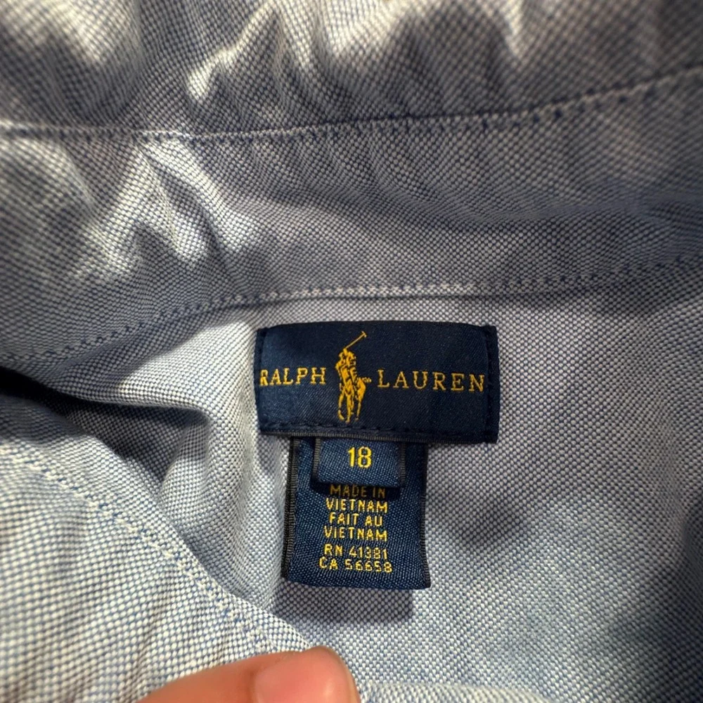 Ralph Lauren Shirt Boys 18 Blue Chambray Cotton Oxford Classic Flesh Pony OCBD